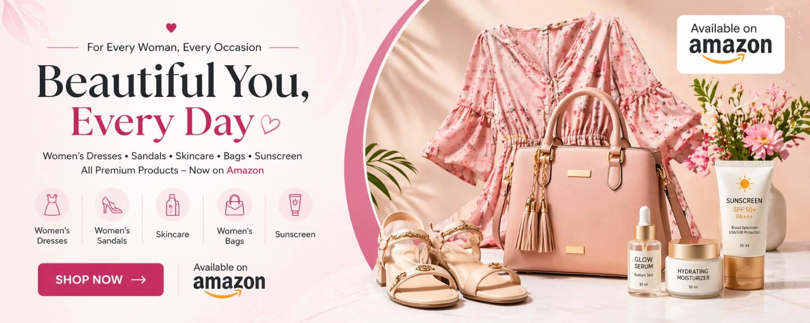 Women's fashion and beauty products banner with dress, sandals, handbag, skincare and sunscreen available on Amazon